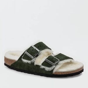 Birkenstock Arizona shearling sandals mountain view green suede womens size 36